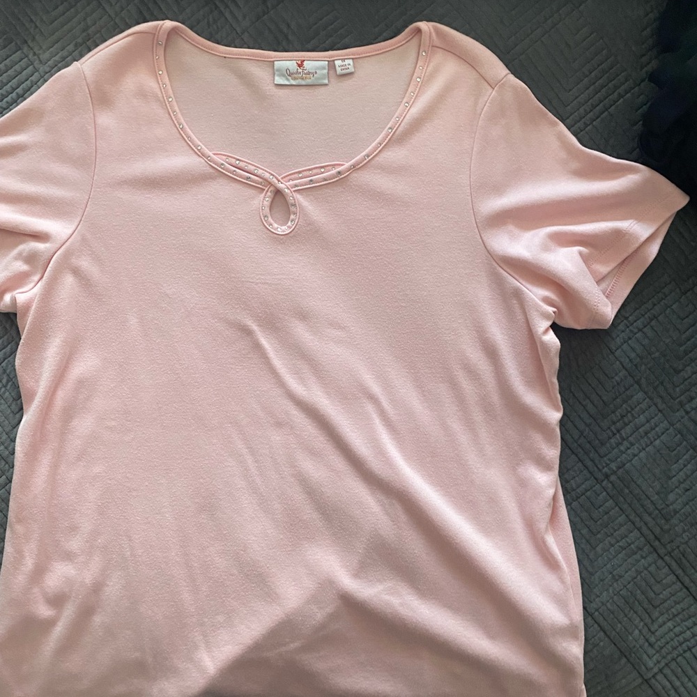 Pink Cotton Tee with Rhinestone Neckline Appliqué (Plus Size)